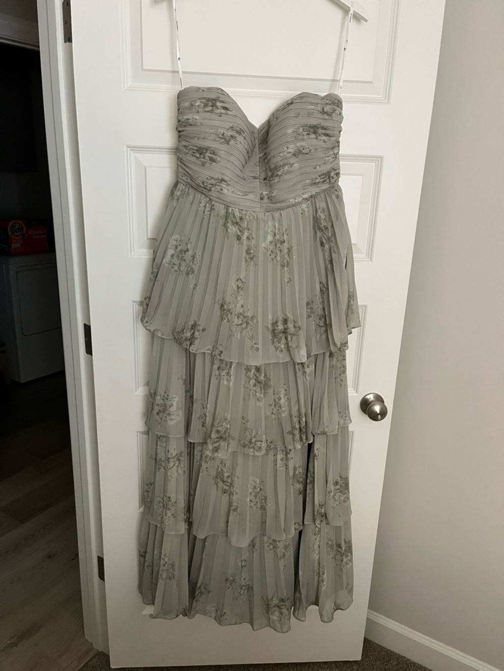 Romantic Strapless Tiered Maxi Dress in Sage Floral